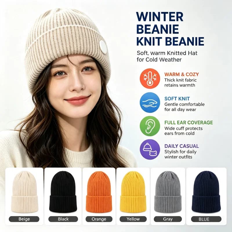 Blank DIY Hand Drawn Patch Knit Beanie Unisex Simple Solid Color Winter Warm Hat Customizable Design Daily Street Hat