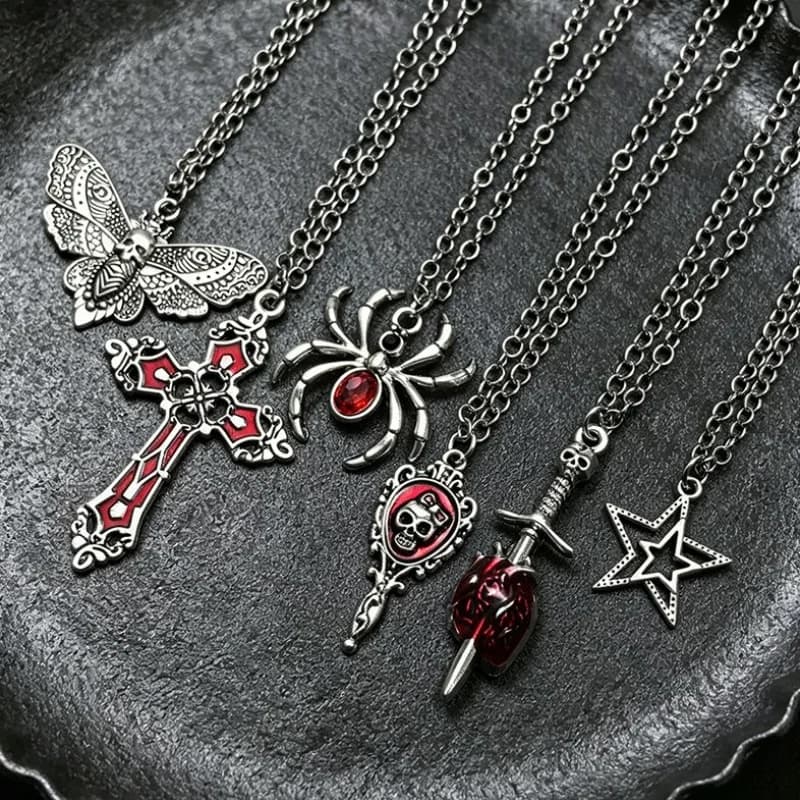6-piece Gothic imitation ruby spider moth cross skull mirror dagger star pendant necklace set, multi-layer stacked punk jewelry