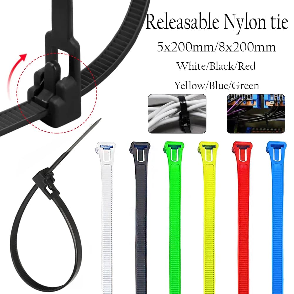 Fascette per cavi in nylon riutilizzabili da 25-100 pezzi 5x200mm, passante di bloccaggio, rimovibili, più colori per l'organizzazione dell'home office 8x200mm