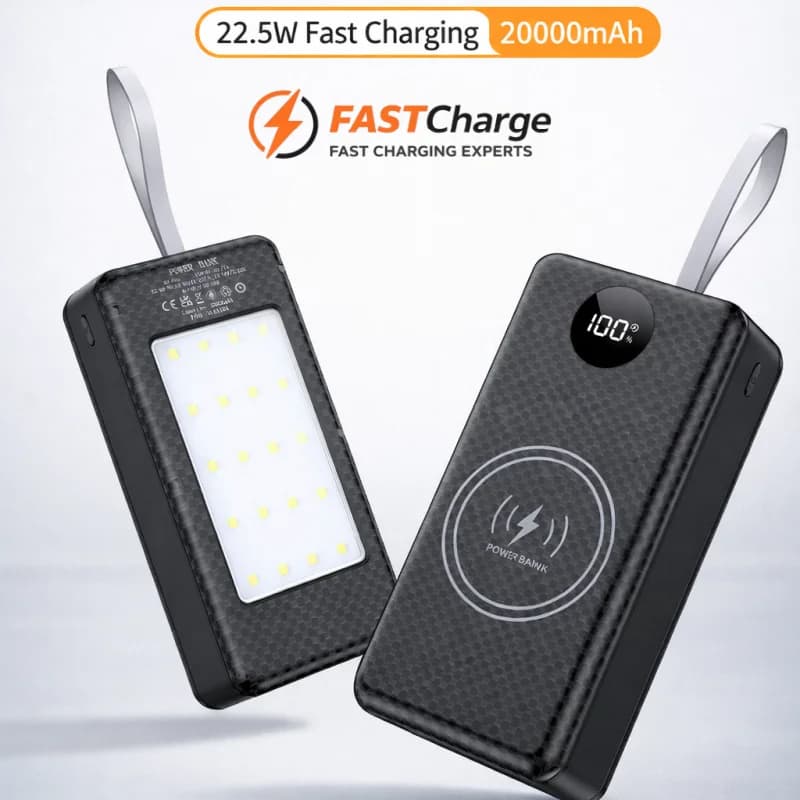 22.5 W Quick Charging Power Bank Case for 12 18650 batteries, 15 W wireless charger with camping LED light, battery not included