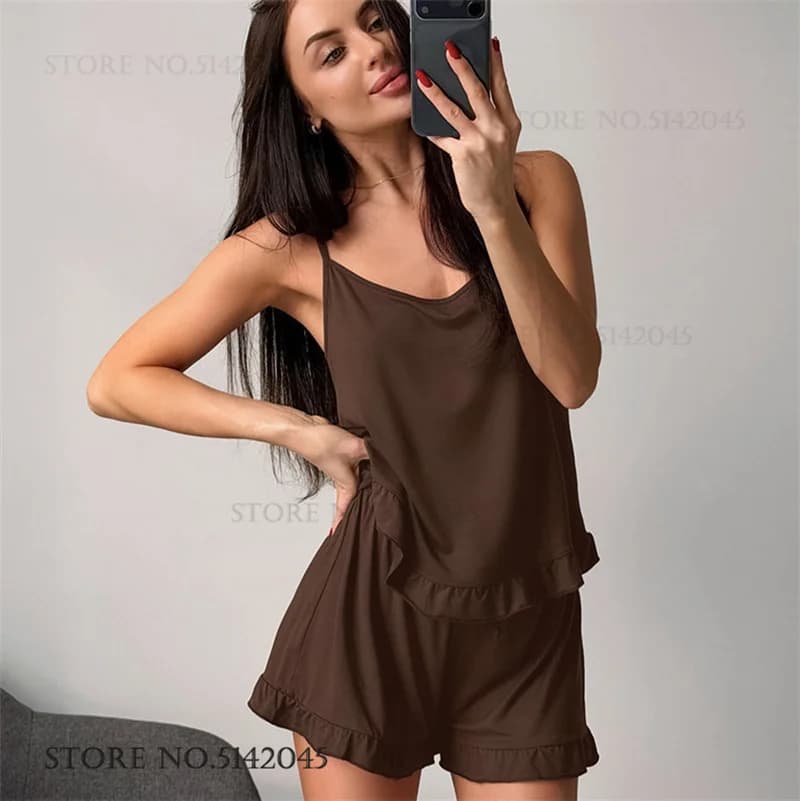 Summer New Modal Female Pajamas Set Mujer Lingerie Sexy Ruffle Sleepwear Strap Top&shorts Women's Homewear Loose Loungewear