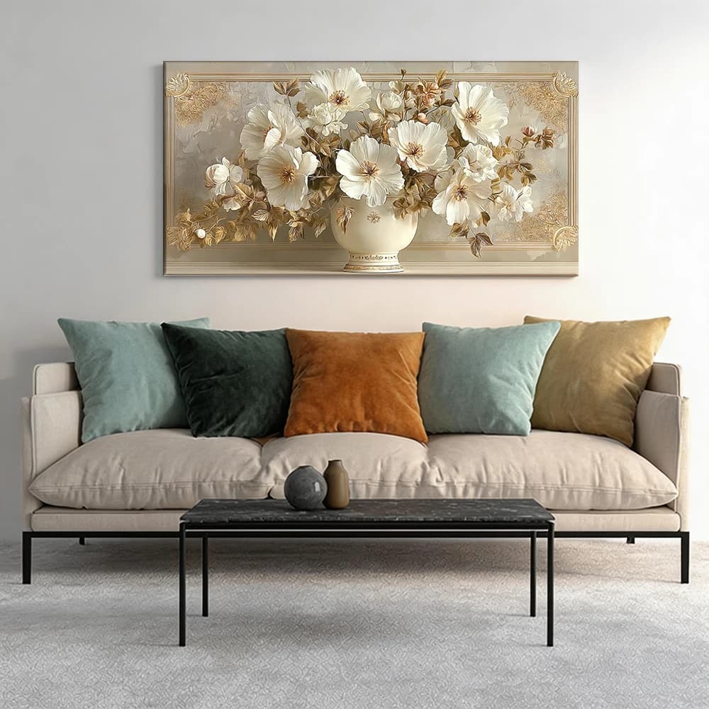 Painted on canvas with large wooden frame, 1 piece, Vase with exquisite white flowers.