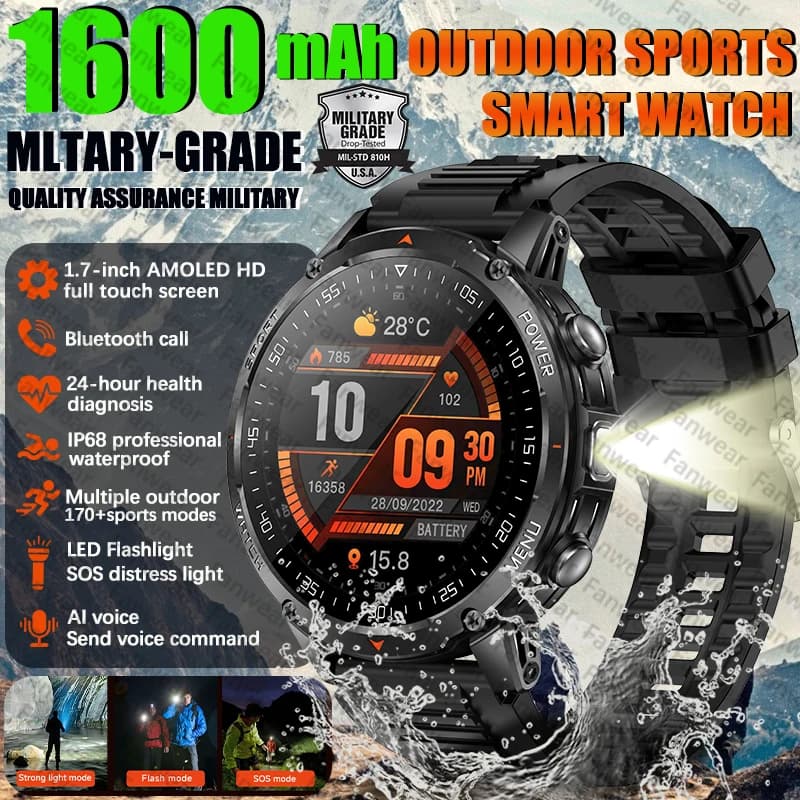 Fanwear New military outdoor rugged men's smart watch 1600mAh battery outdoor GPS LED flashlight waterproof Bluetooth call healt