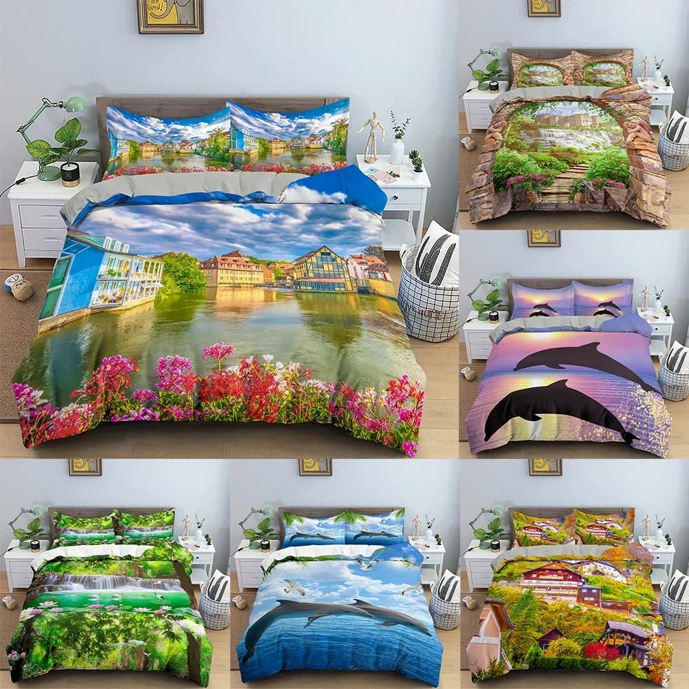Set of bed linen landscape bathing area Art oil cover with pillowcase Adults Children Queen King Sizes Creative cover 2/3 pieces