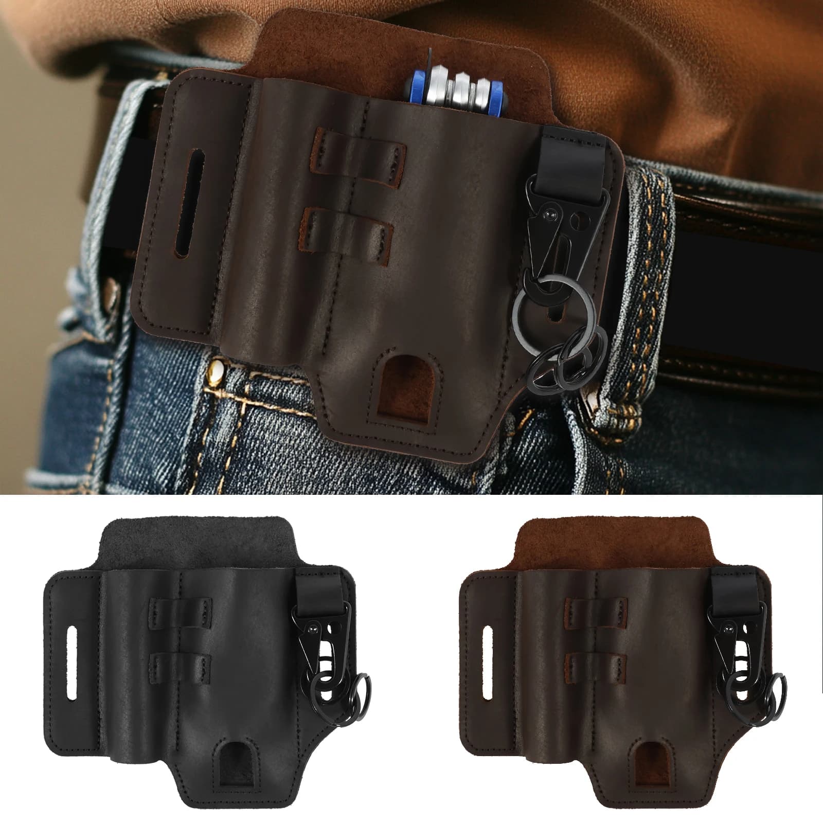 Fodero multiutensile per cintura in pelle EDC Organizer tascabile con fondina per torcia, penna e chiavi per torcia, uso quotidiano all'aperto