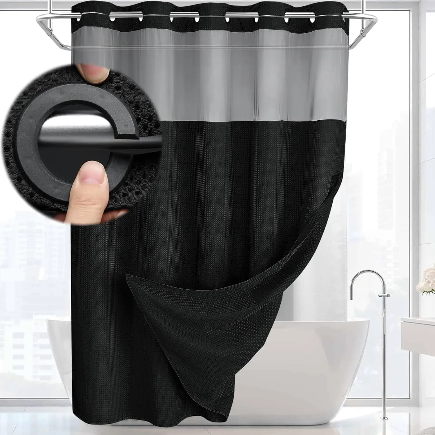 Set di tende da doccia e fodere in tessuto waffle nero per hotel, 72"W x 75"L, design senza ganci