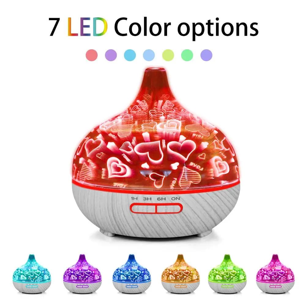 Diffusore di aromaterapia ad ultrasuoni in vetro 3D simile al legno Umidificatore Sollievo dalla secchezza Luci LED colorate ultra silenziose a basso decibel