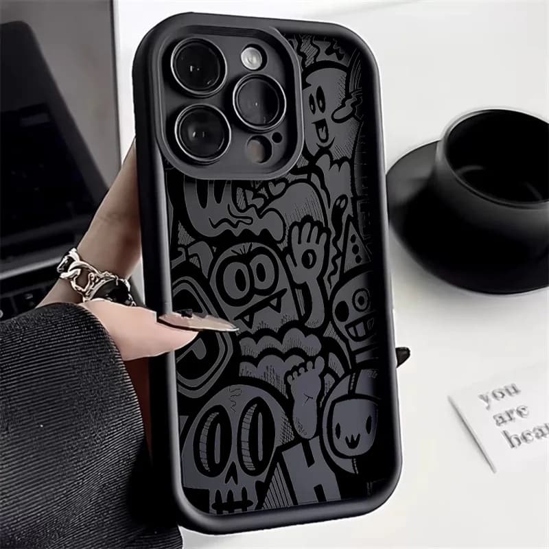 Black Graffiti Phone Case For iPhone 17 16 Pro Max 15 14 13 Pro Max 12 11 Pro Max Plus Air XS X XR 16E 7 8 SE2 Camera Soft Cover