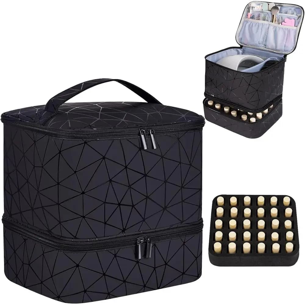 Leather Nail Polish Organizer and Lamp Case, Holds 30+ Bottles (15ml - 0.5 l.oz) and a Nail Lamp, Carrying Case with Manicure To
