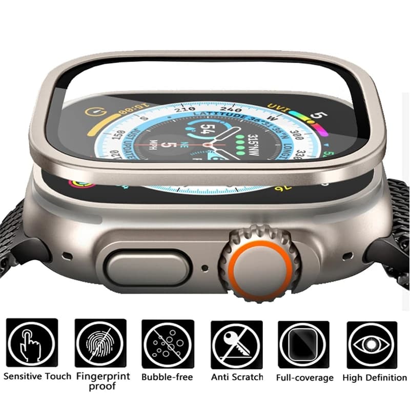 Custodia in lega di alluminio + vetro temperato per Apple Watch Ultra 2 49mm Proteggi schermo antigraffio per iWatch Ultra 49mm Pellicola protettiva