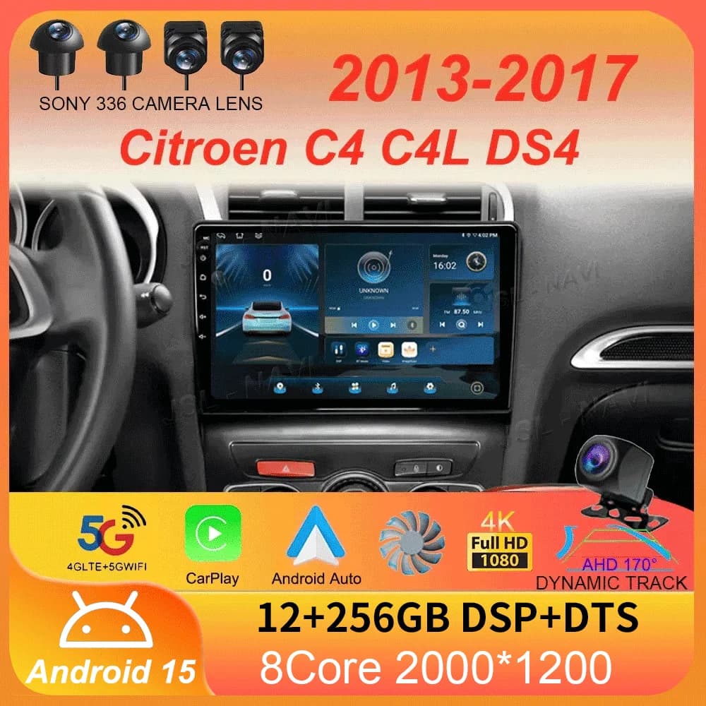 Android 15 Carplay DSP WIF + 4G Autoradio GPS Lettore multimediale per Citroen C4 C4L DS4 LHD 2013 2014 2015- 2017 Stereo 360 fotocamera