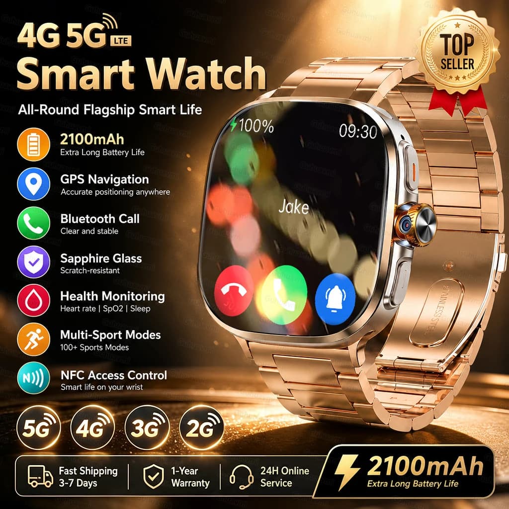 New 4G 5G Phone Smartwatch Sapphire Screen Insert Sim Card GPS WIFI NFC Rotating Camera Google Play Download Android Smart Watch