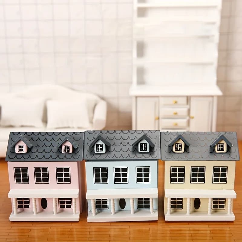 1 Villa Doll House Mini Set di mobili con simpatiche tasche, pareti rosa e blu, tetto grigio, accessori perfetti per la casa delle bambole