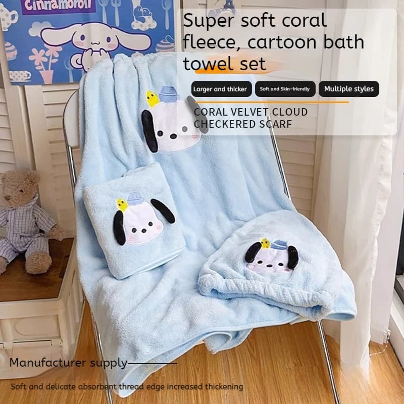 Bath Towel Set in Pile Simulating Coral Sanrio Pochacco, Wearable Bath Gonna Absorbent for Women, Hat for Drying Hair and Towel