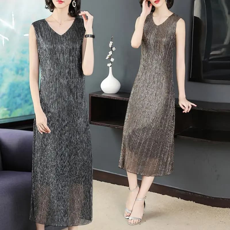 Elegant Summer Sleeveless Dress Casual in Brilliant Silk Vintage Elegant V-neck Clothing Women A-line Summer Pendolarism Longuette Dress loose