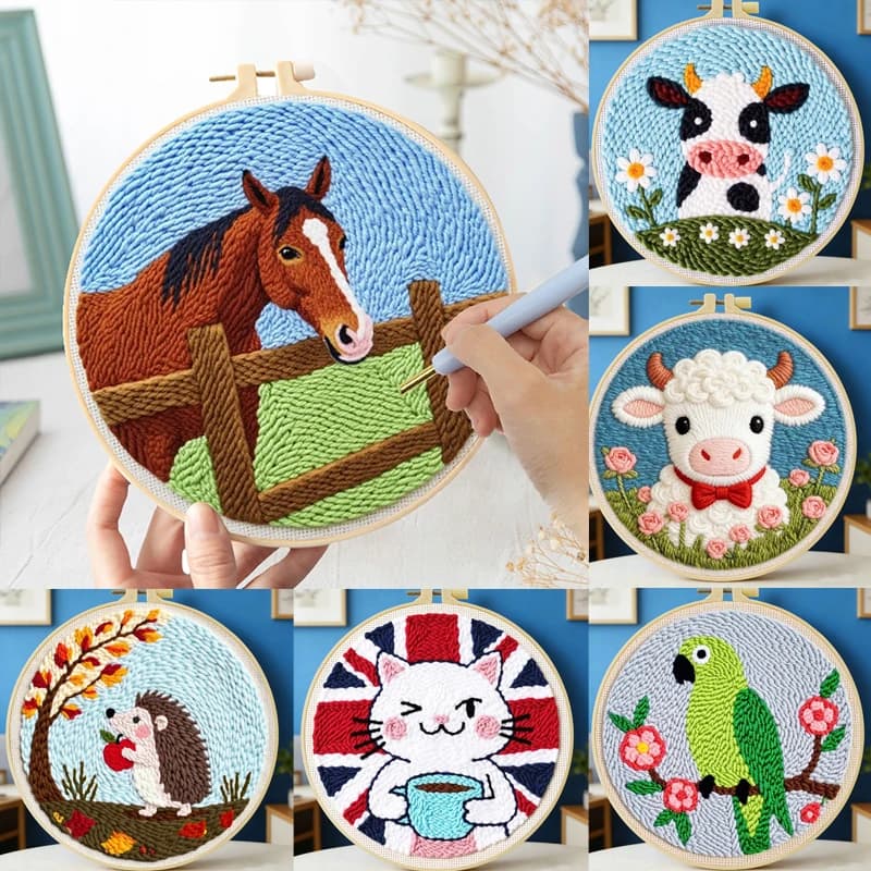 Kit Ricamo Punch Needle Cavallo 20x20cm, Set Fai da Te per Ricamo a Punto Croce in Lana, Kit Artigianale Semplice