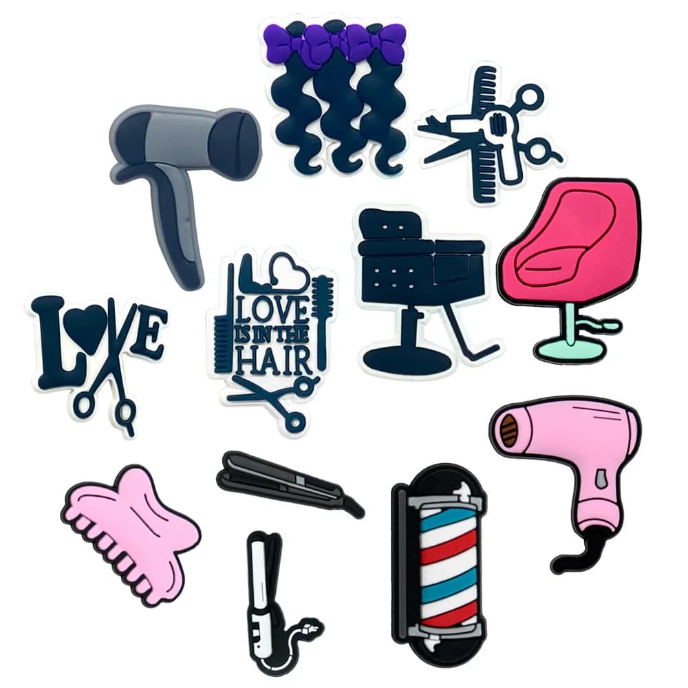 1/12pcs PVC Hairdresser Pendents and Pendants for Women Girl Spills Hair dryer Iron Scissors Pins Accessories Shoe Decorations Buckle