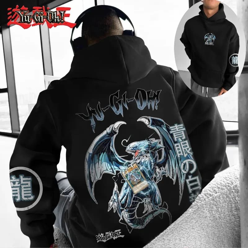 Classic Yu Gi Oh Ace Monster Blue Eyed White Dragon Printed Men's Autumn and Winter Thick and Wide Y2K Halloween COS Wide Hoodie