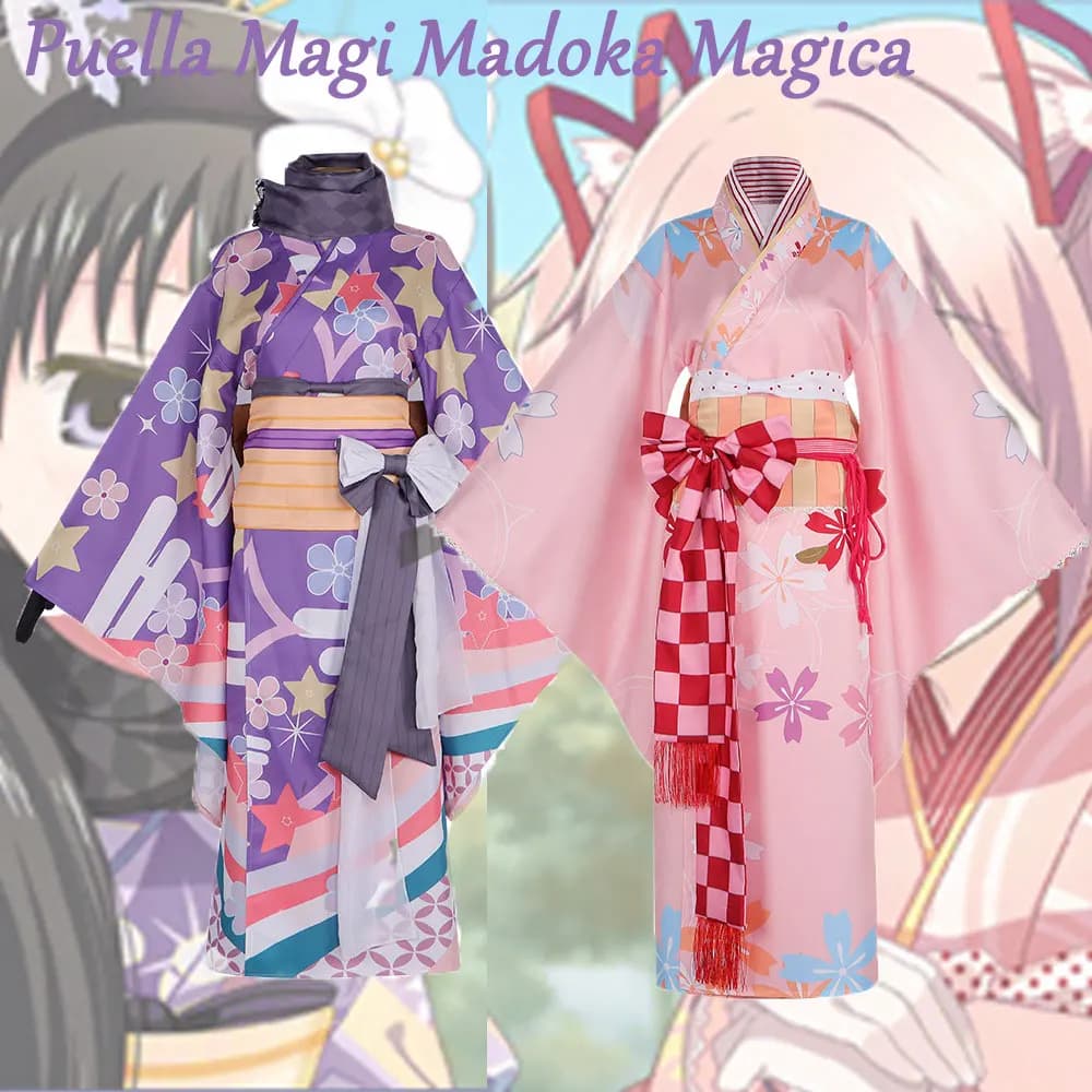 Puella Magi Madoka Magica Cosplay Kimono Bathrobe, Kaname Madoka & Akemi Homura Printed Costume Outfit for Women Halloween Party