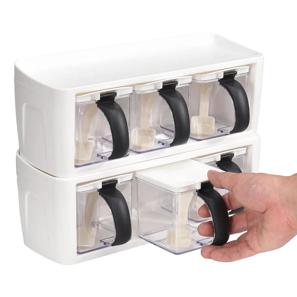 2pcs Durable PP+PS Seasoning Organizer Box 3 Grids With Lid And Spoon Seasoning Container Set Spice Container Cans For Cafe