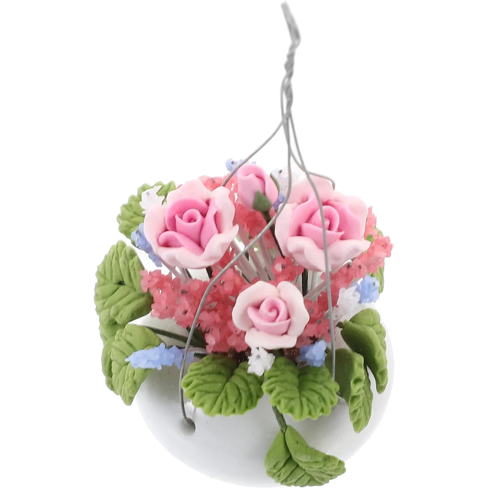 1Pcs Mini Plant Potting Adornment 1:12 Scale Pink Rose Creative Hanging Basket Mini House Decoration Miniature Flower Ornament