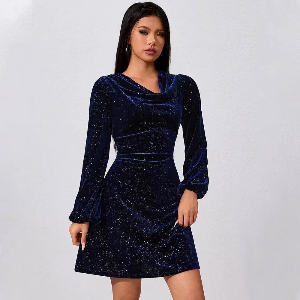 Abito in Velluto con Paillettes, Gonna a Vita Alta a Trapezio, Maniche Lunghe a Lanterna, Nuovo Stile Estivo, Moda Donna Transfrontaliera