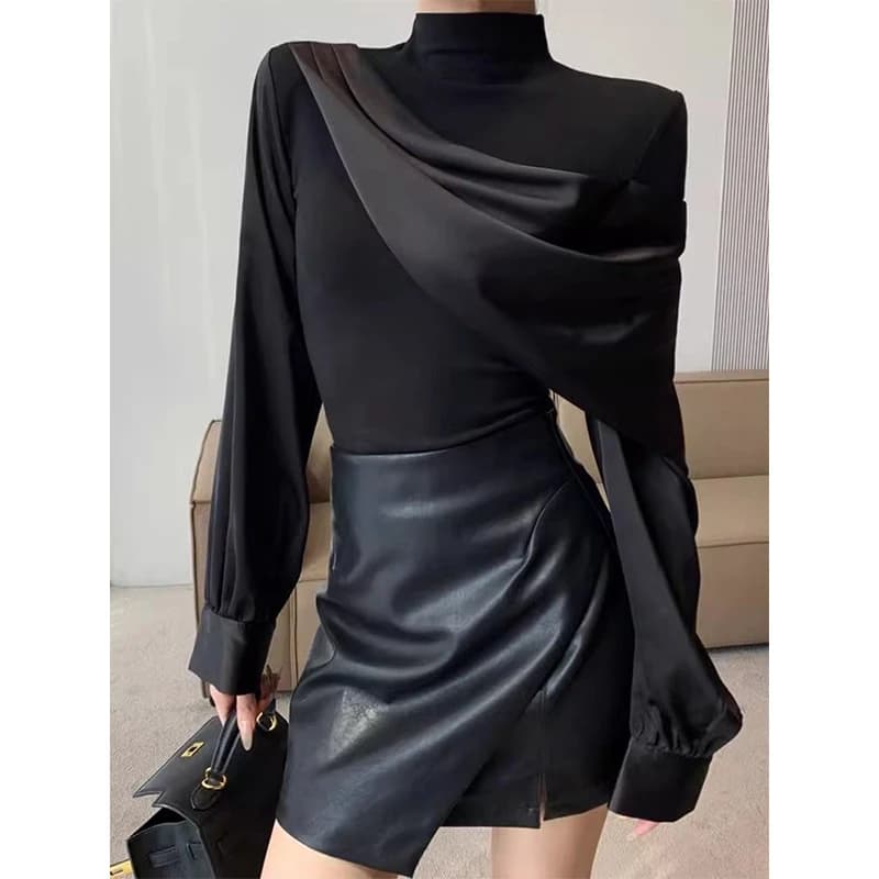 MEXZT Elegant Black Shirts Luxury Patchwork Women's Office Ladies Korean Long Sleeve Slim Chic Design Top New