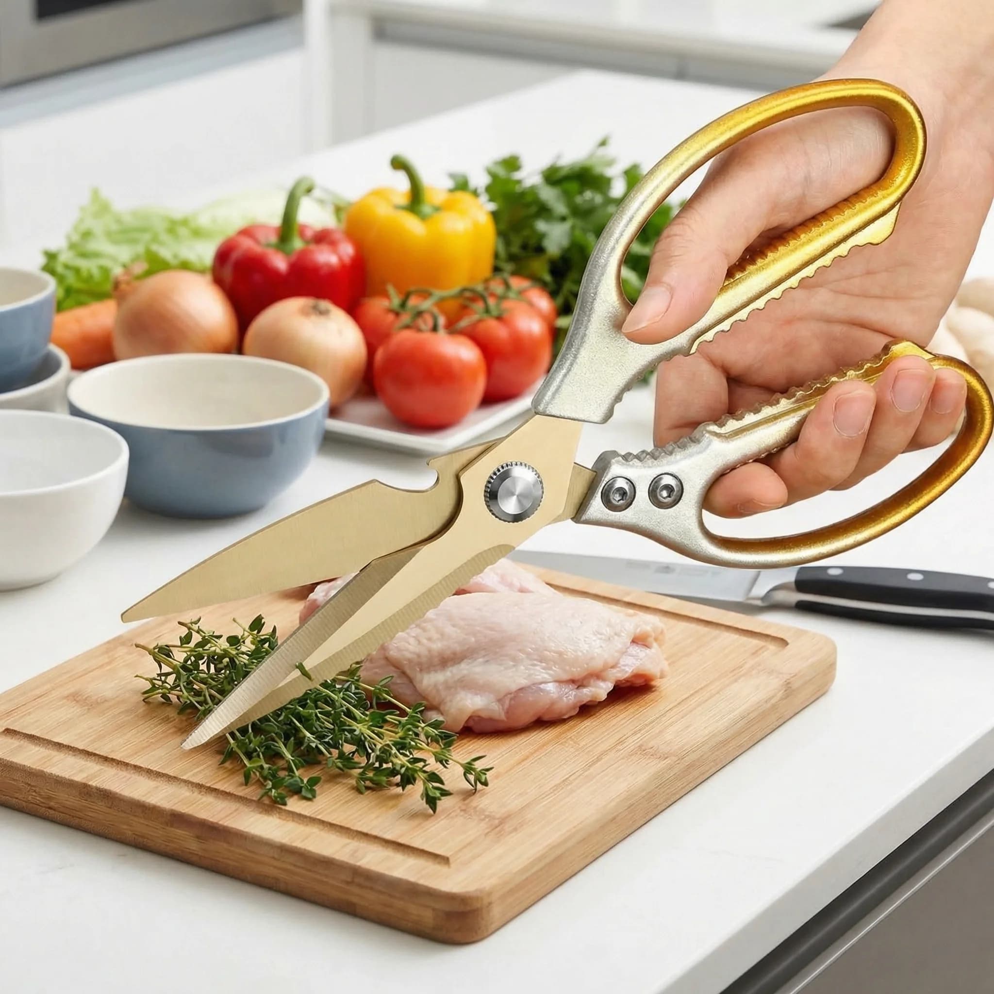 Nuove forbici da cucina in oro sfumato - Cesoie resistenti per pollo, anatra, ossa e pesce, strumento di cottura multiuso con antiscivolo