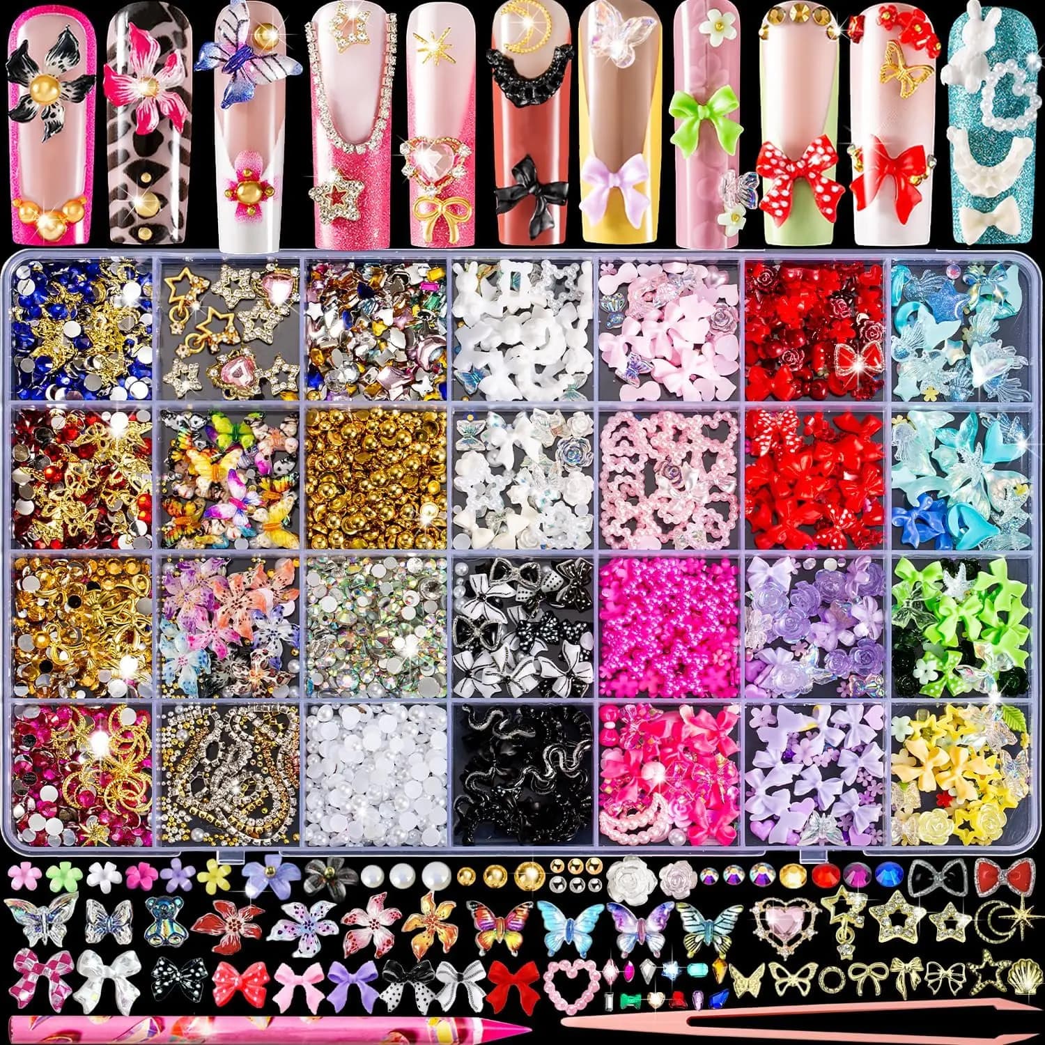 8000 Pezzi di Decorazioni e Gemme 3D per Unghie - Strass Y2K Carini per Nail Art, Confezione con Farfalle, Fiocchi, Luna, Stelle, Fiori e Perle Dorate