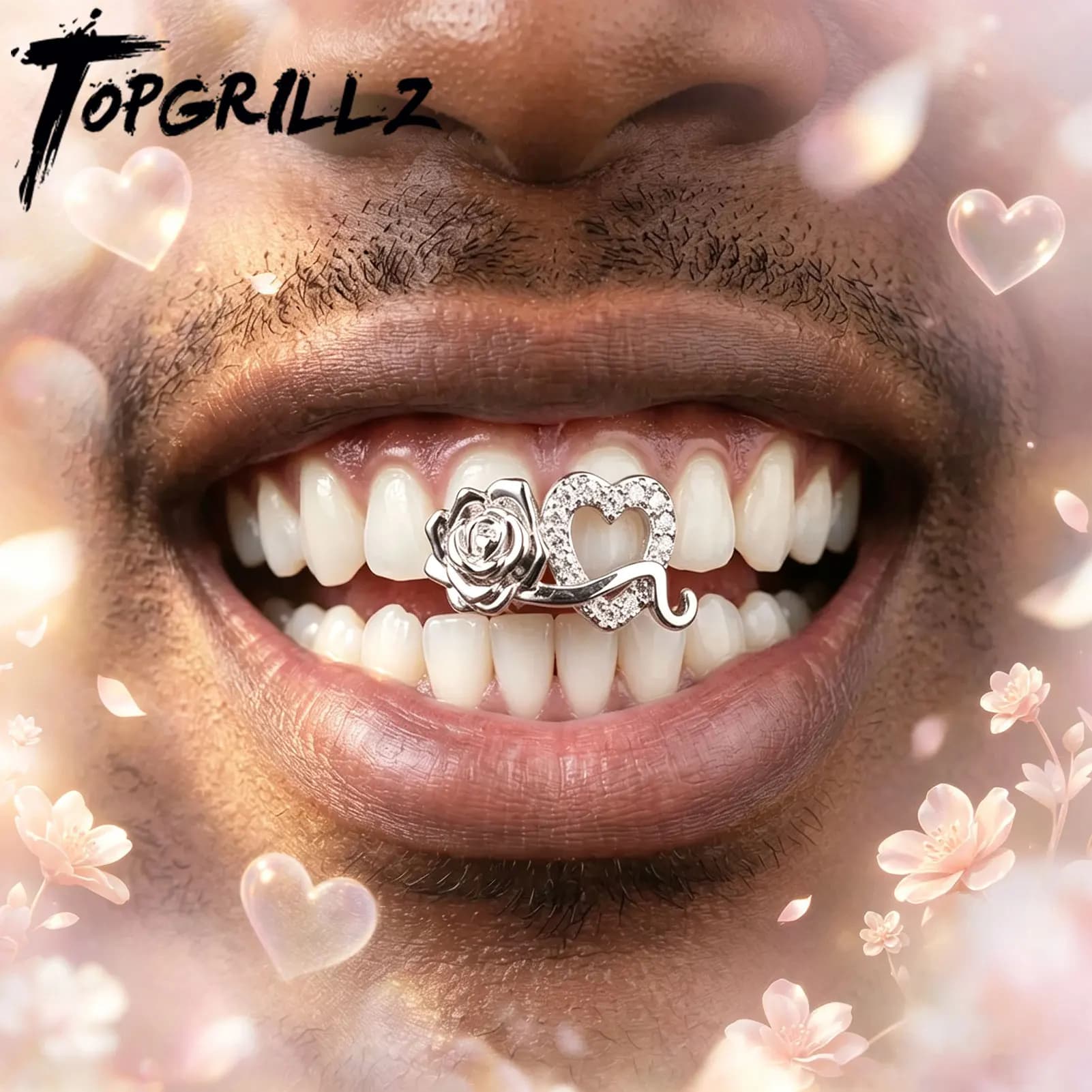 TOPGRILLZ Romantic Zircon Double Hollow Heart Flower Teeth Grillz Braces Hip Hop CZ Stone Tooth Caps For Women Men Jewelry Cospl