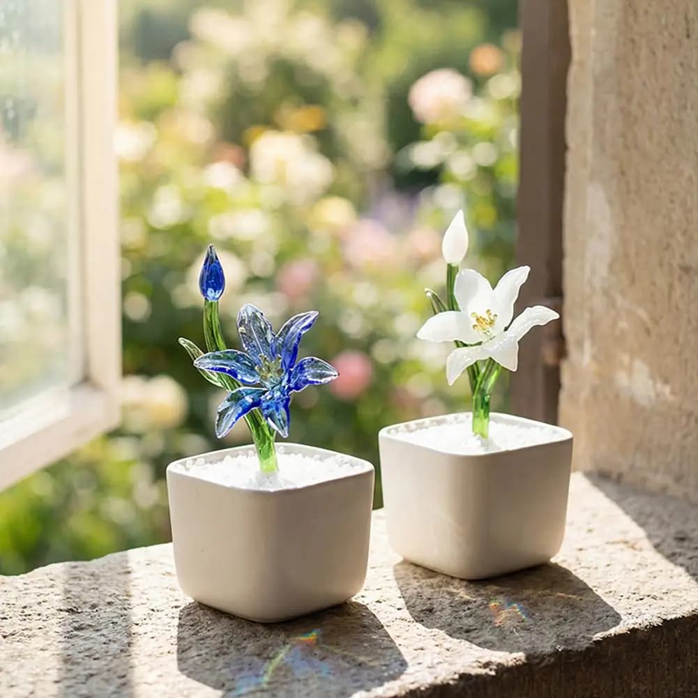 Mini Figurina di Fiore in Vetro, Ornamento di Giglio Artificiale Soffiato a Mano, Collezione Floreale per Decorazione Casa