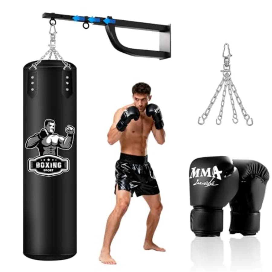Sacco da Boxe Sospeso per Allenamento Domestico: Struttura in Acciaio Nera Regolabile da Parete con Guantoni da Boxe Inclusi
