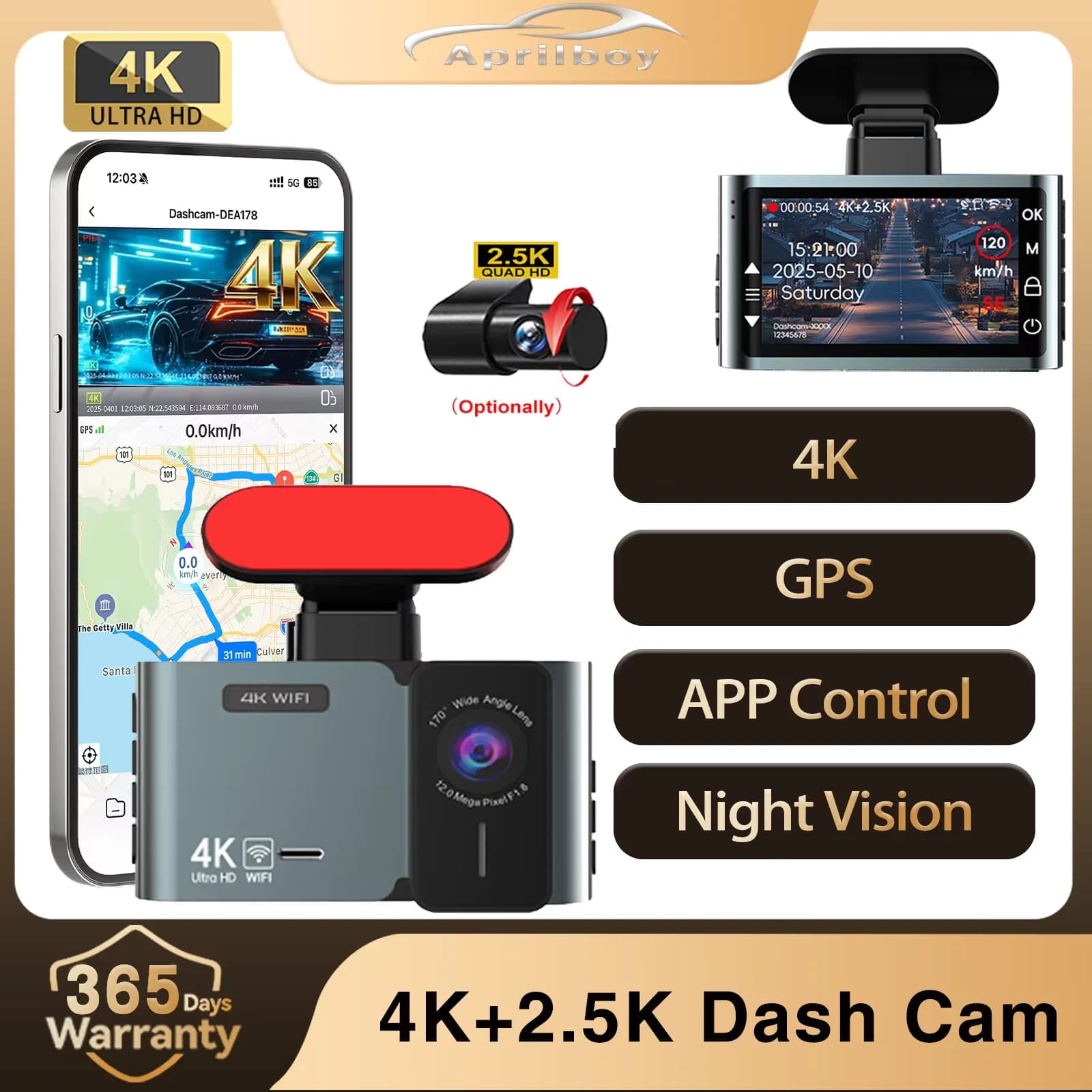 Dash Cam with double lens Aprilboy K12 4K+2.5K 170 ° +150 ° Parking and loop recording with G sensor for night vision WiFi wide-angle