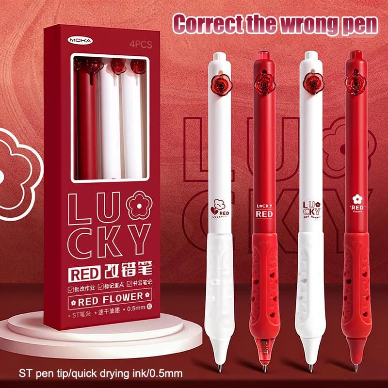 Confezione da 4 penne gel retrattili vintage con motivo rosa, inchiostro rosso da 0,5 mm, penne a punta fine ad asciugatura rapida per ufficio, scrittura, journaling, estetica floreale