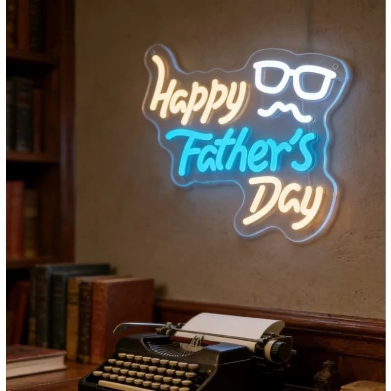 Insegna LED al Neon per la Festa del Papà, Luce da Parete USB Dimmerabile con Occhiali e Baffo, Regalo per Papà, Decorazione per Ufficio, Man Cave, Bar, Club, Casa