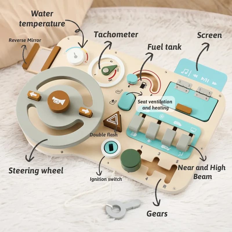 LazyChild Montessori Children Early Education Simulation Steering Wheel Busy Board Wooden Driver Role Play Learning Toy