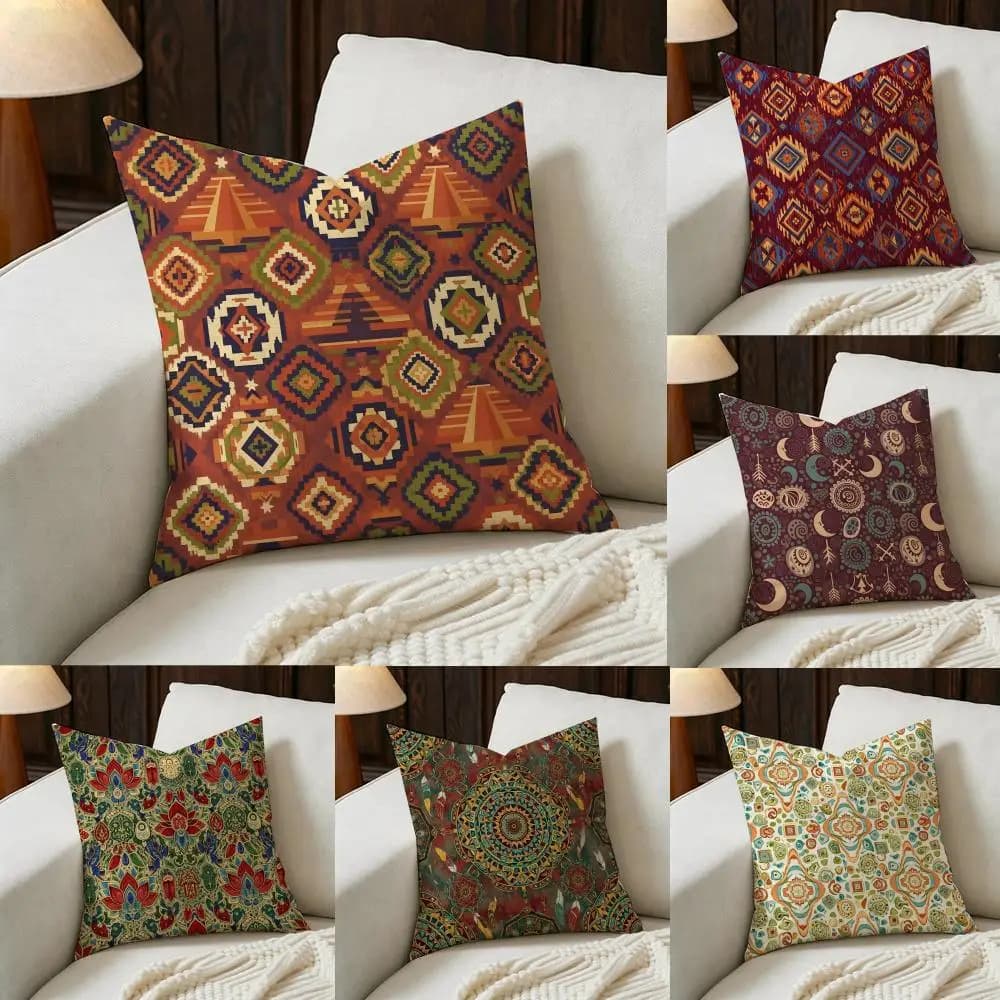 B-Bohemian style seamless pattern Cushion Cover Natural Linen Pillowcase Set, All-in-One Decor for Sofa, Bedroom & Chair