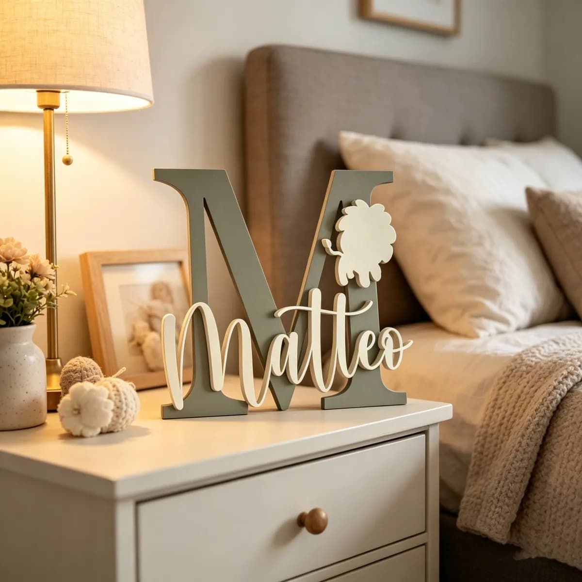 1Pc Custom Lion Name & Initial Wooden Name Plaque,Nursery Home Kid Bedroom Wall Door Decor,DIY Paintable,Birthday Wedding Gift