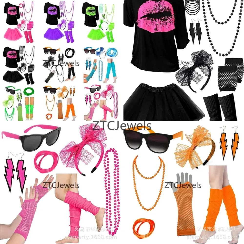 Vintage 80's Costume Set for Girls, for Party in Mask, with Necklace, Hairband, Gloves, Knees, Bracelet and Glasses