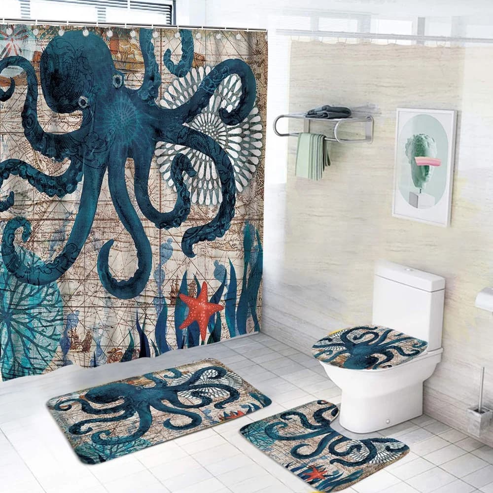 4 Piece Hot Selling Polyester Waterproof Sea Turtle Design Shower Curtain Set with Rug for Bathroom Hot Sale