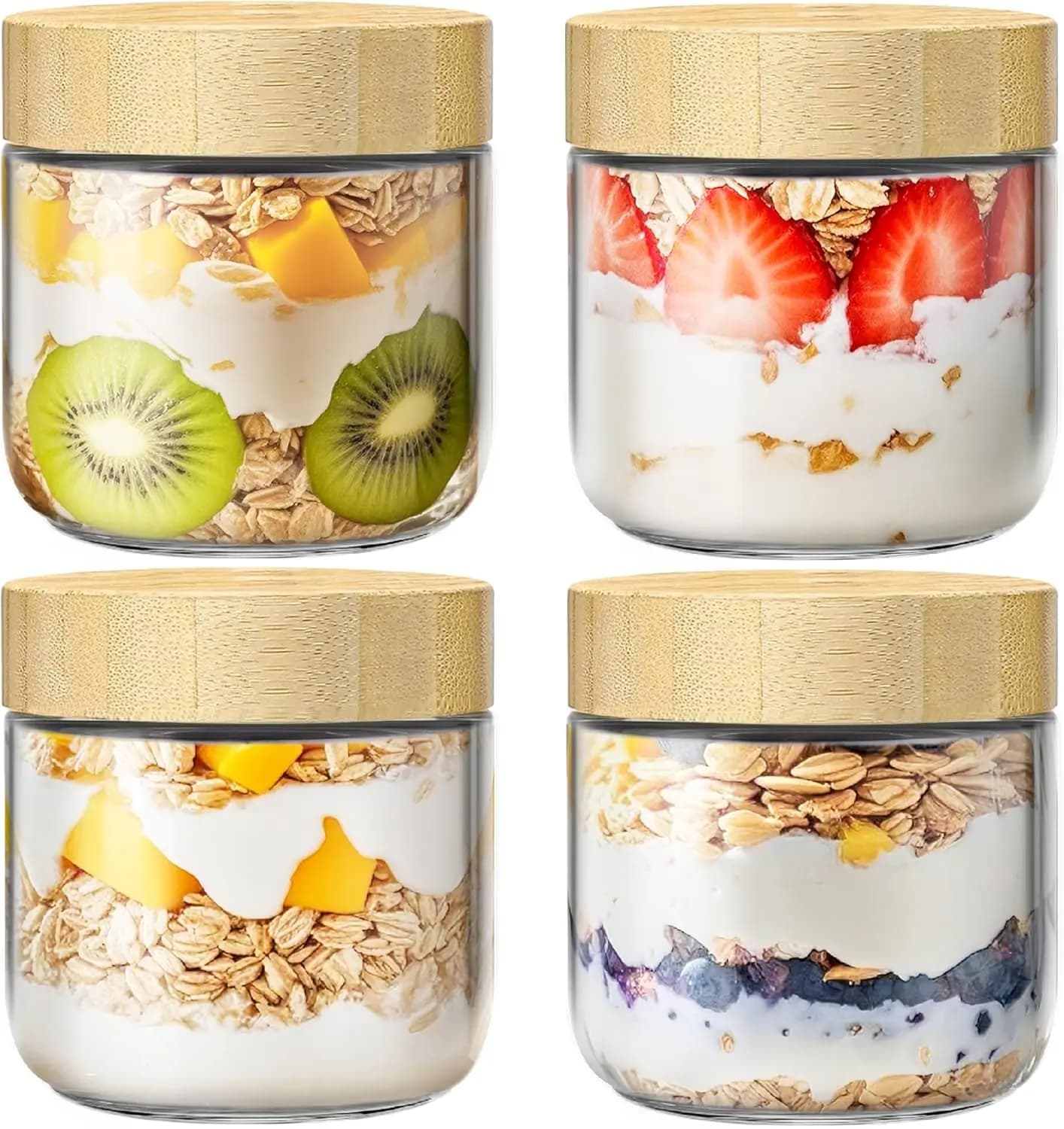 4 Pack 10oz Overnight Oats Containers with Bamboo Lids, Glass Jars with Airtight Lids for Meal Prep, Wide Mouth Mason Salad Jars