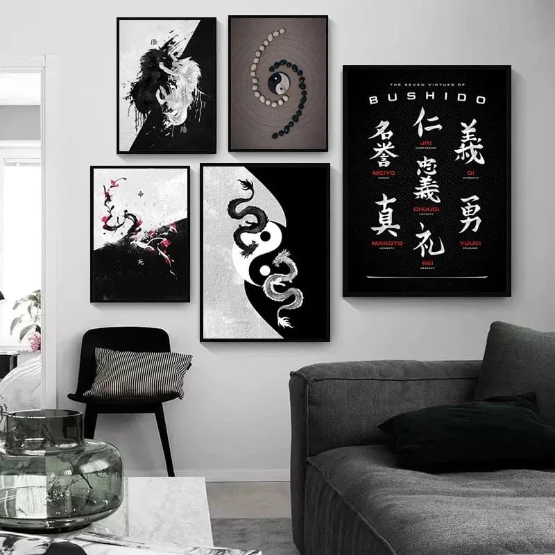 Yin Yang Tree in bianco e nero giapponese testo Poster Life Death painty Honor Wall Art Cat Dragon Canvas Painting Home Decor