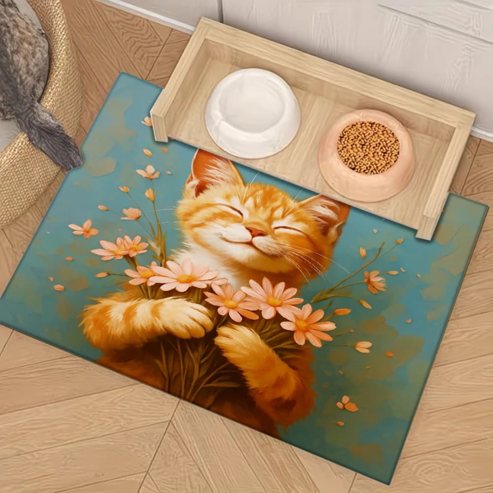 Tappetino antiscivolo per l'alimentazione degli animali domestici con motivo floreale a forma di gatto addormentato, accessori per animali domestici, tappetino antispruzzo e antiscivolo per cani e gatti