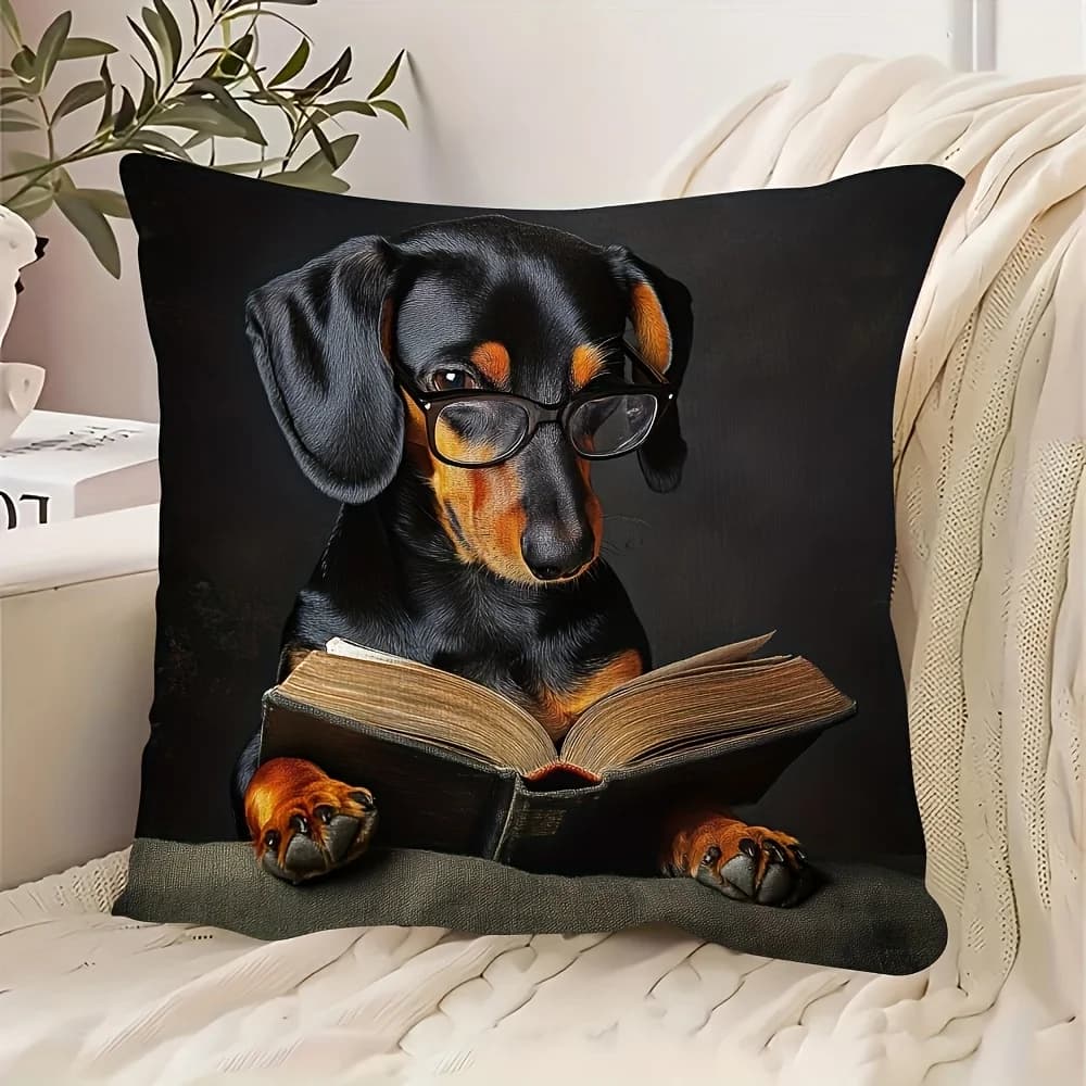 1pc Dachshund Reading Themed Printed Throw Pillow Cover, Suitable for Sofa, Bedroom, Living Room, a Fun Gift for Dog Lovers.