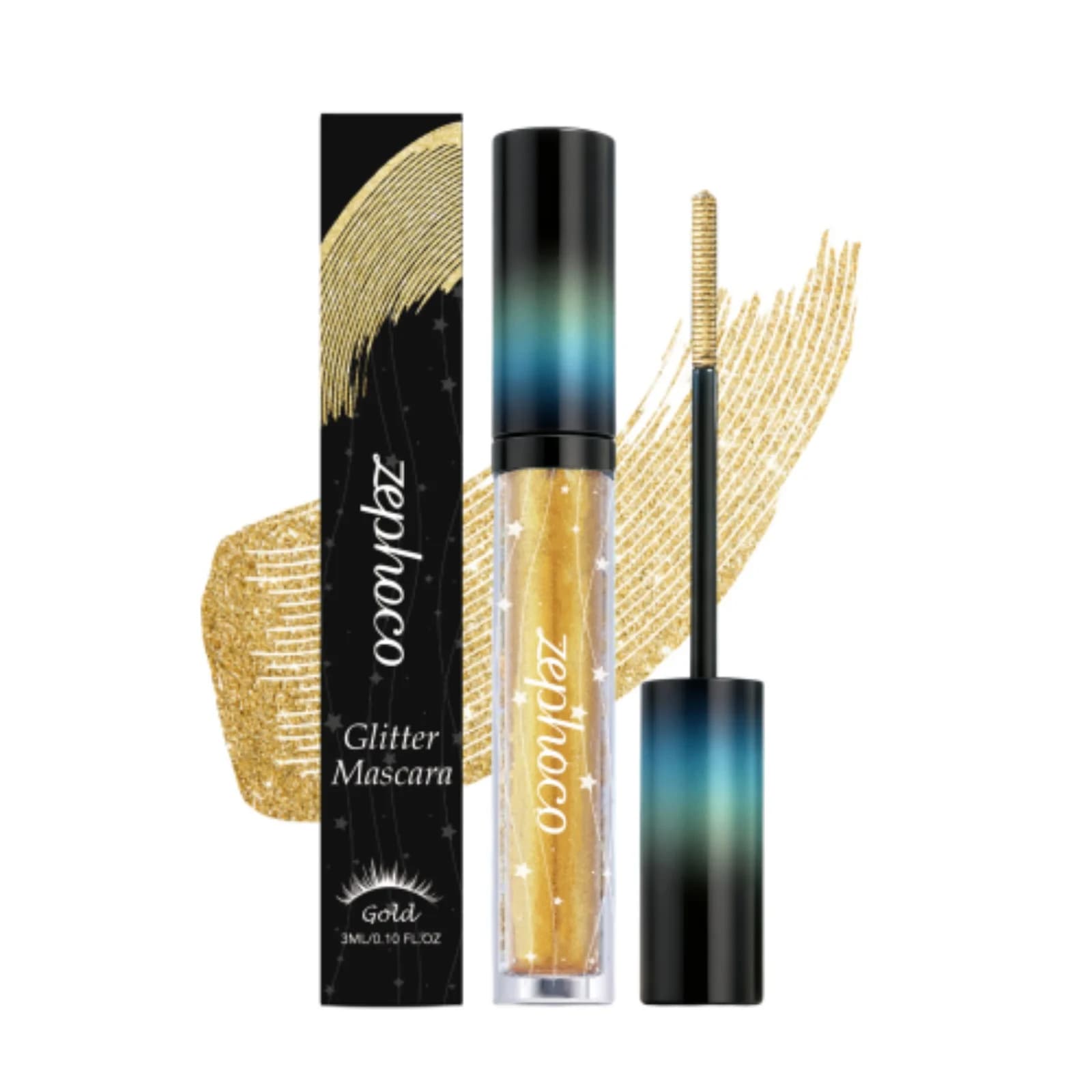 Mascara Zephoco with Golden Glitter, Dramatic Sparkling Eyes Trick for Feste and Palcoscenic, Volumizing and Long Life