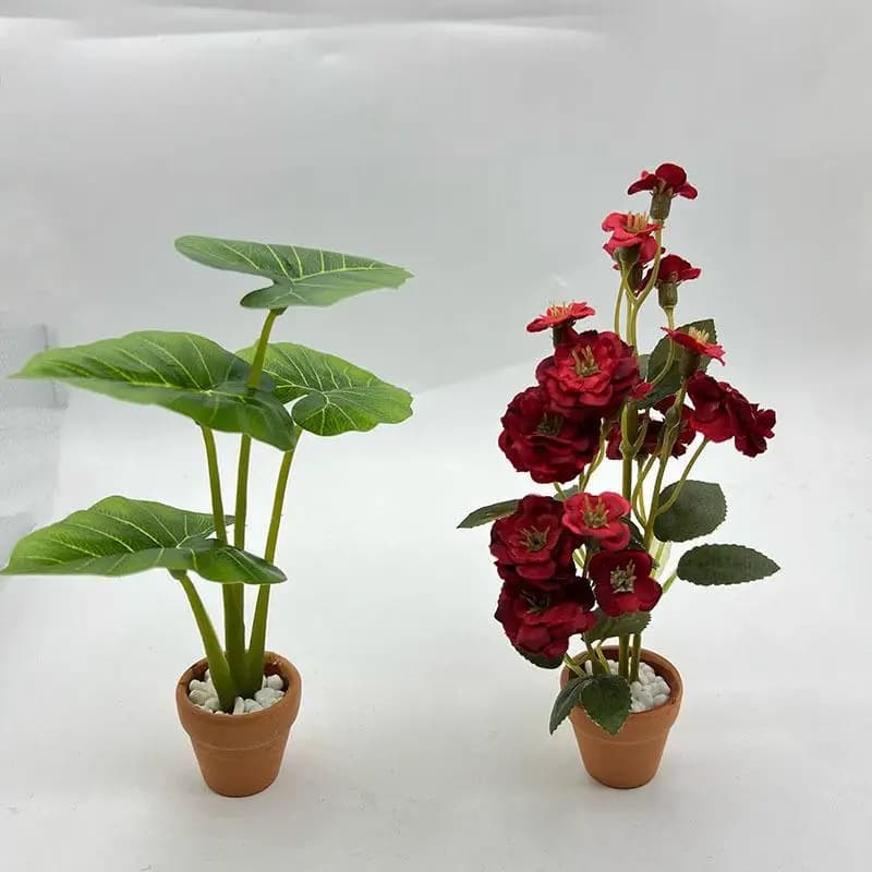 Miniatura di Philodendron in Vaso con Rosa a 6 Petali, Modello Decorativo per Casa delle Bambole con Foglie Verdi in Miniatura
