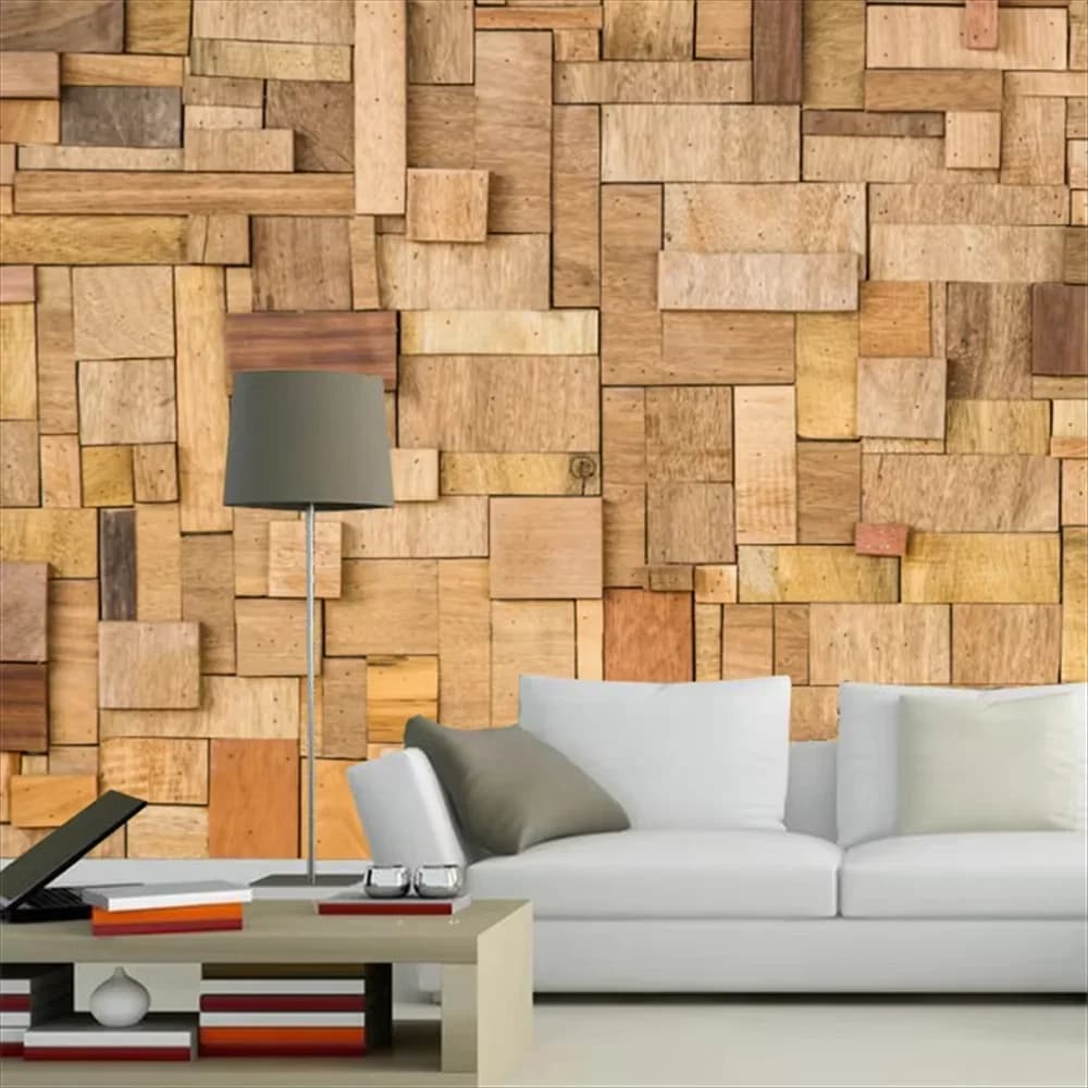 Carta da parati in legno personalizzata, stile vintage, grande murale per sfondo divano e TV, carta da parati 3D, adesivi murali con blocchi geometrici in legno