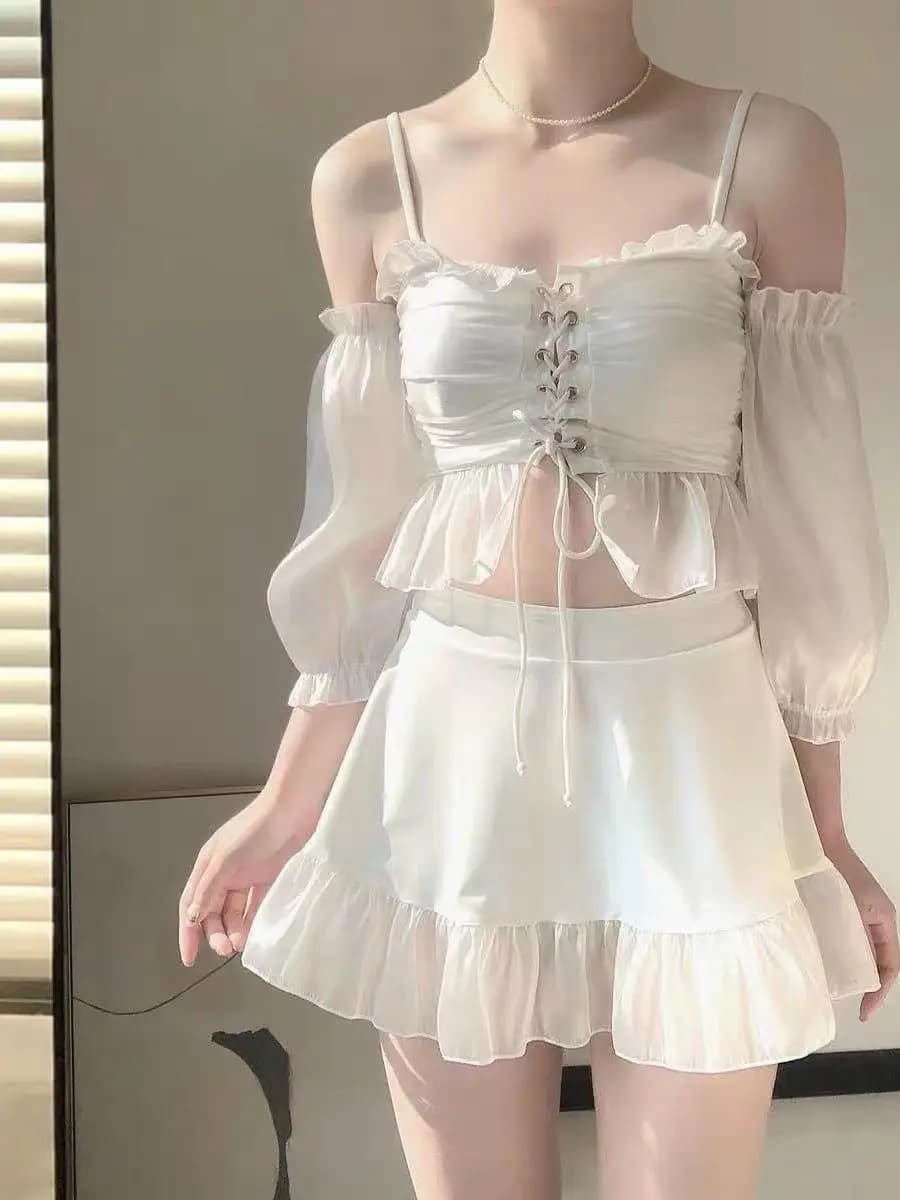 2025 New Pure Desire White Bla Strapl Briefs Tee-piece Set Swimsuit Women's Separate Sle Swimming Costume
