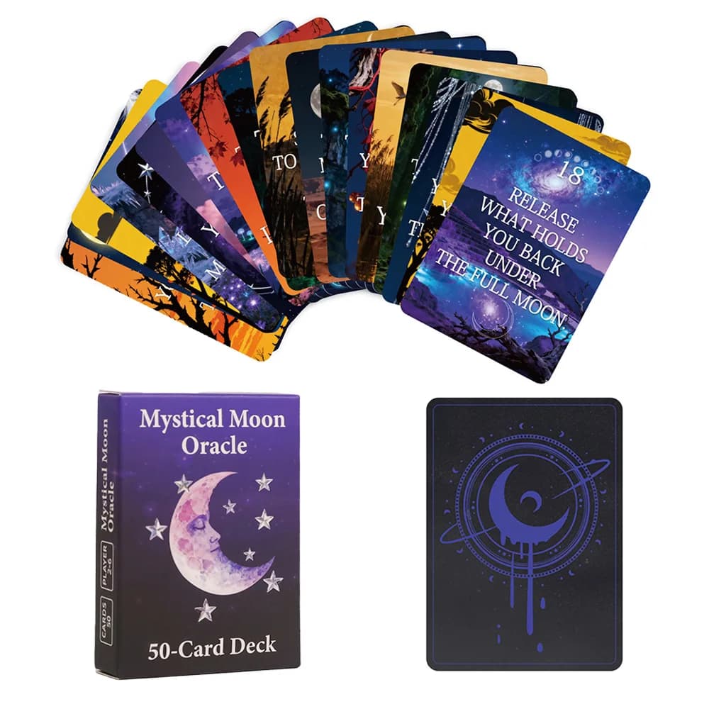 Mazzo di 50 carte Mystic Moon Oracle, un mazzo di divinazione sui fasi lunari perfetto per principianti e un strumento per la meditazione personale all'altare.