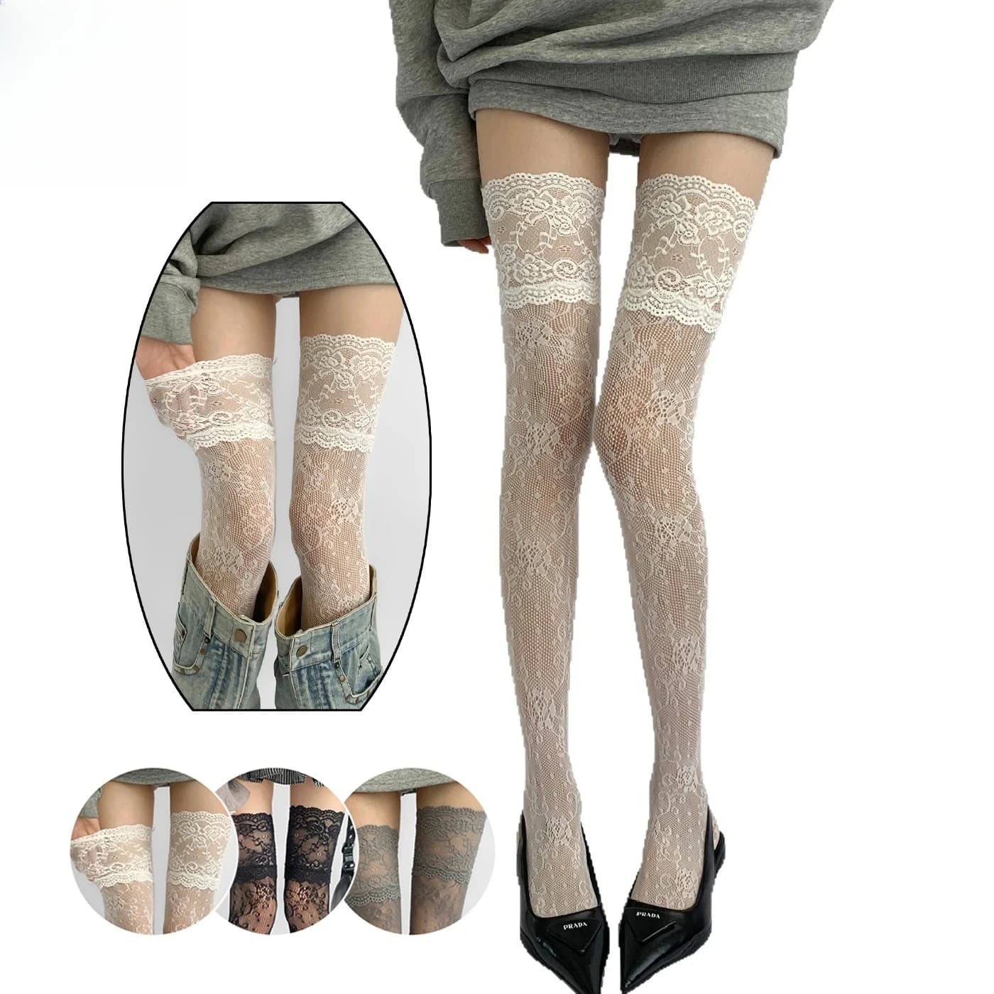 1 pair of women's sexy lace floral mesh stockings Y2k JK Lolita, long socks above the knee